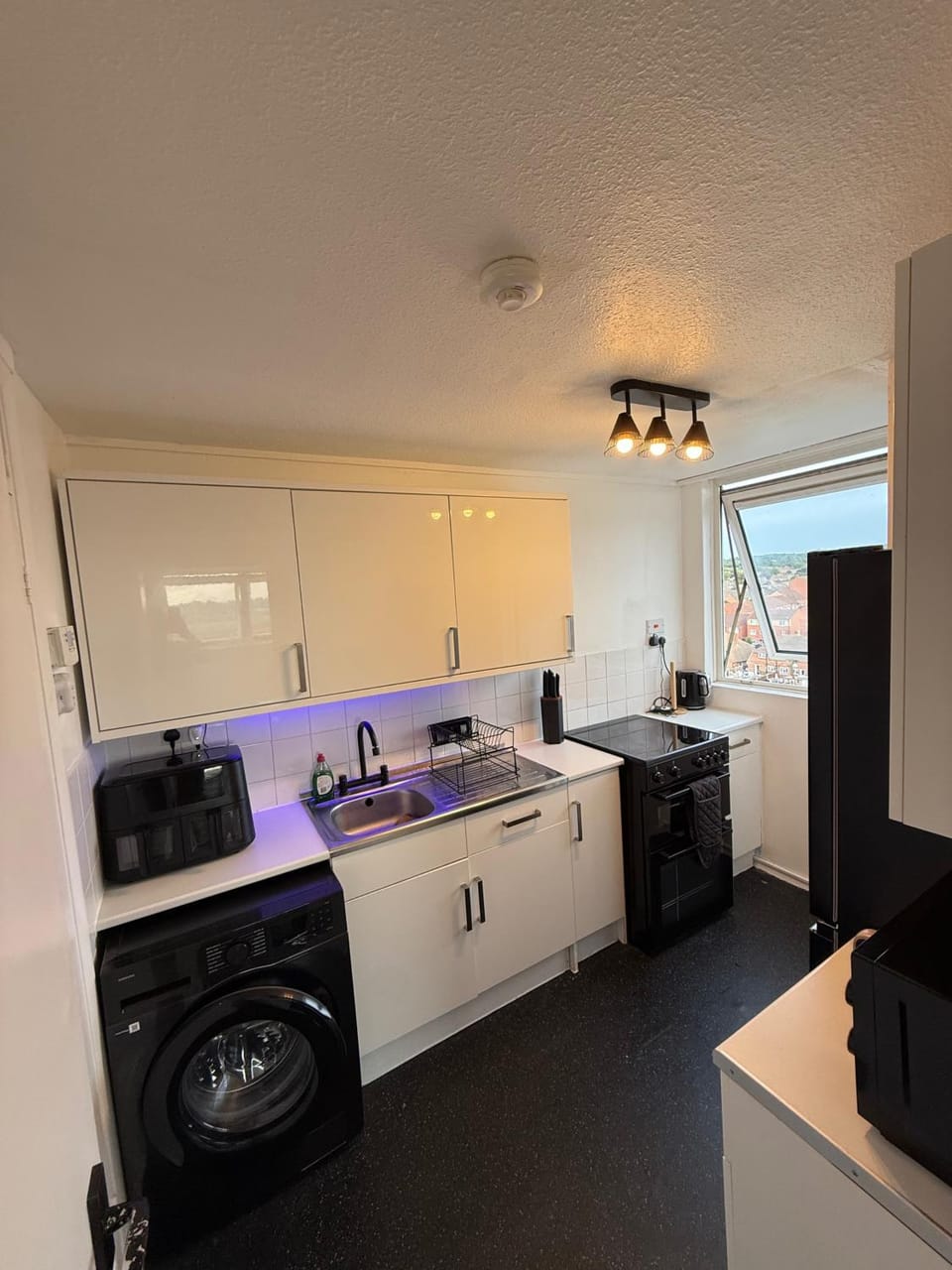 Kitchen or kitchenette, dishwasher, oven, washing machine, dryer