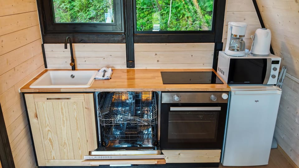 Kitchen or kitchenette, dishwasher, oven, stove