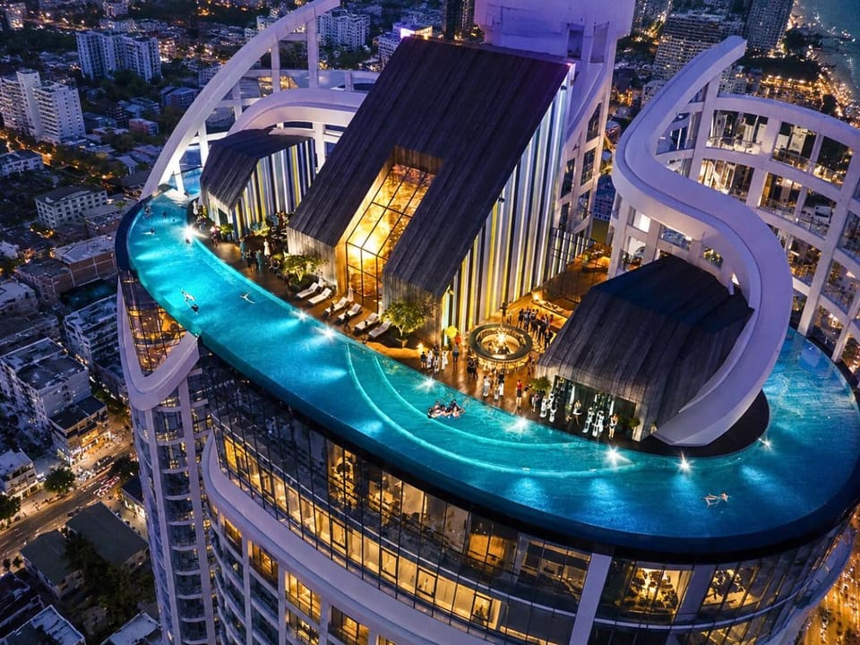 Night, City view, Swimming pool