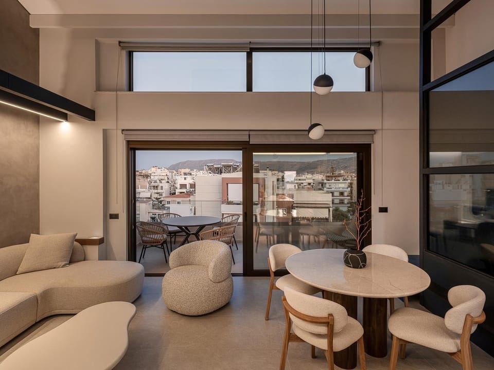 Patio, Living room, Seating area, Dining area, City view