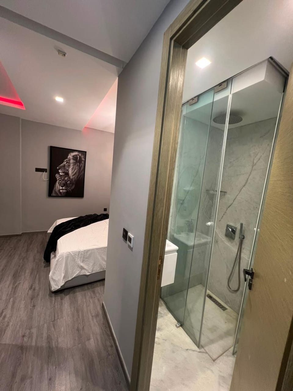 Shower, Toilet, Bed, Bathroom, Photo of the whole room, Bedroom