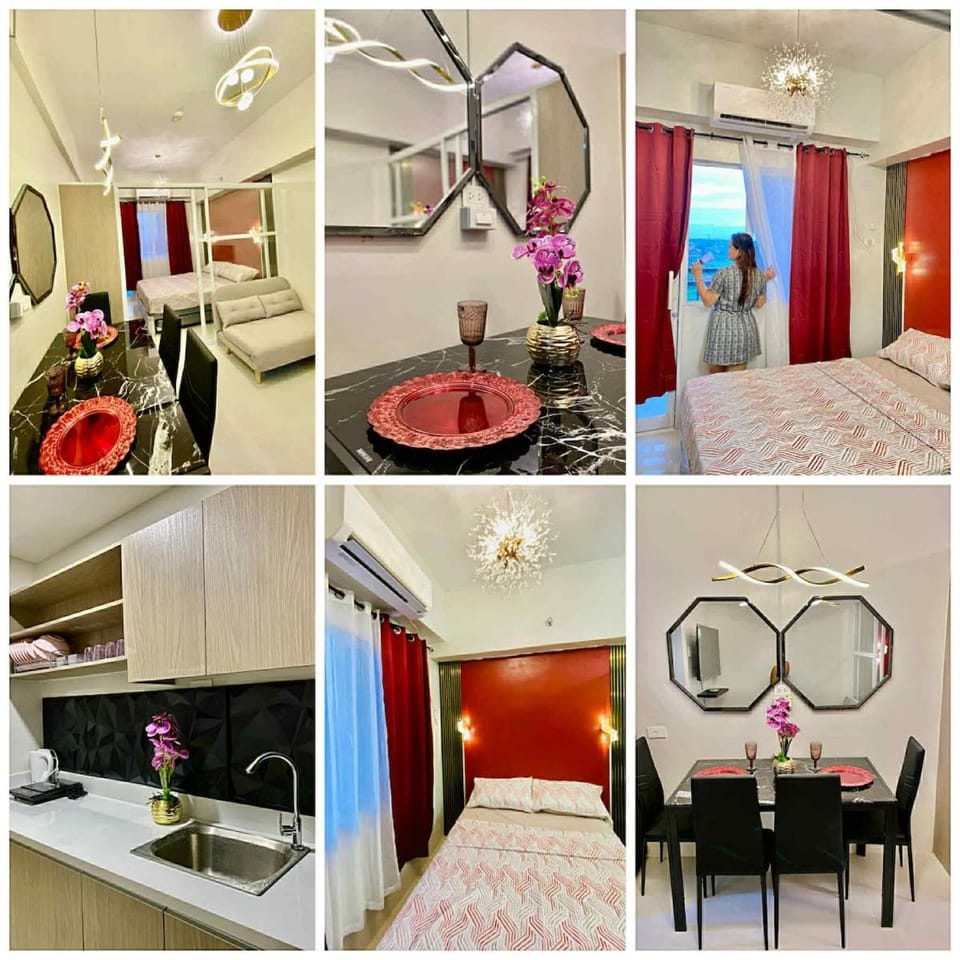 Cozy Maroon Theme and City Lights View at Night Apartment in Lapu-Lapu City