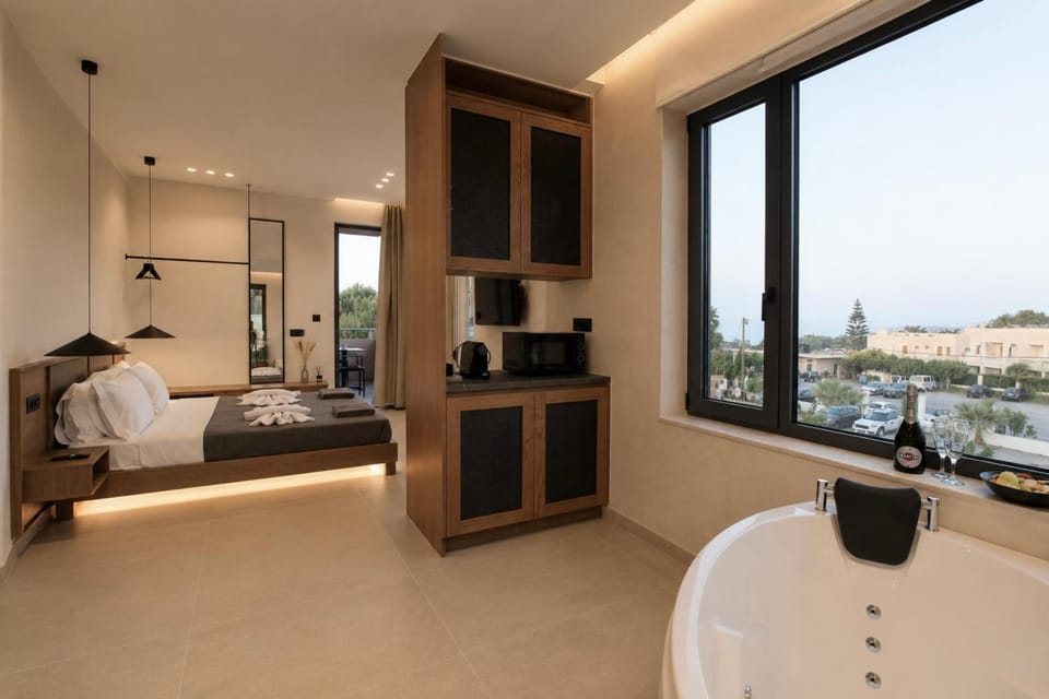 Bed, Hot Tub, Hot Tub, TV and multimedia, View (from property/room), Balcony/Terrace, Kitchen or kitchenette, Photo of the whole room, Bedroom, towels