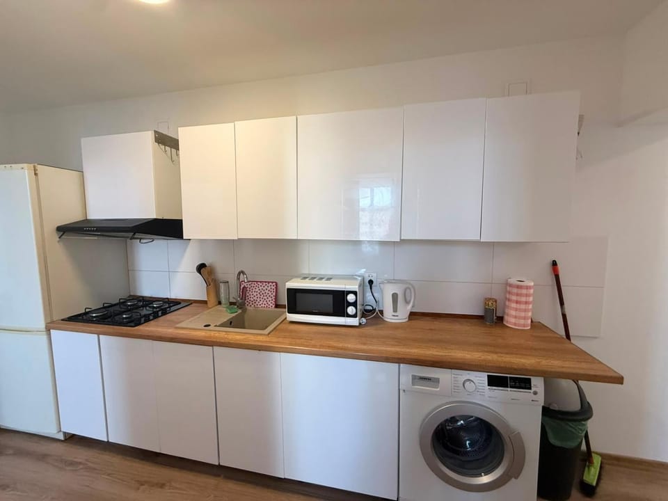 Kitchen or kitchenette, oven, stove, washing machine
