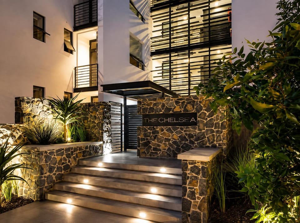 Property building, Facade/entrance, Night, Garden