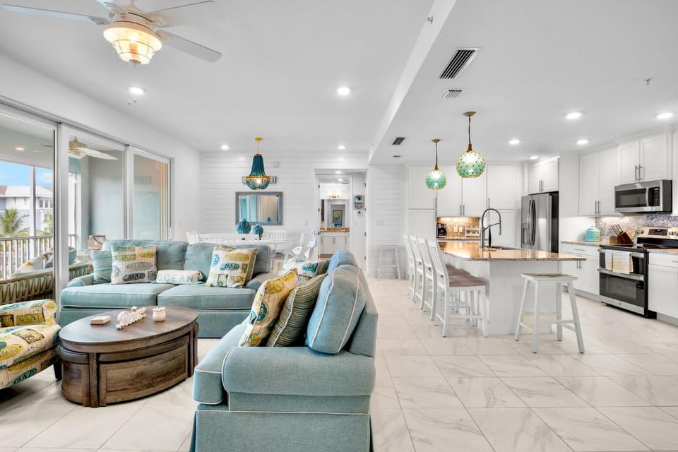 Kitchen or kitchenette, Living room, Seating area, Sea view, furniture, air conditioner
