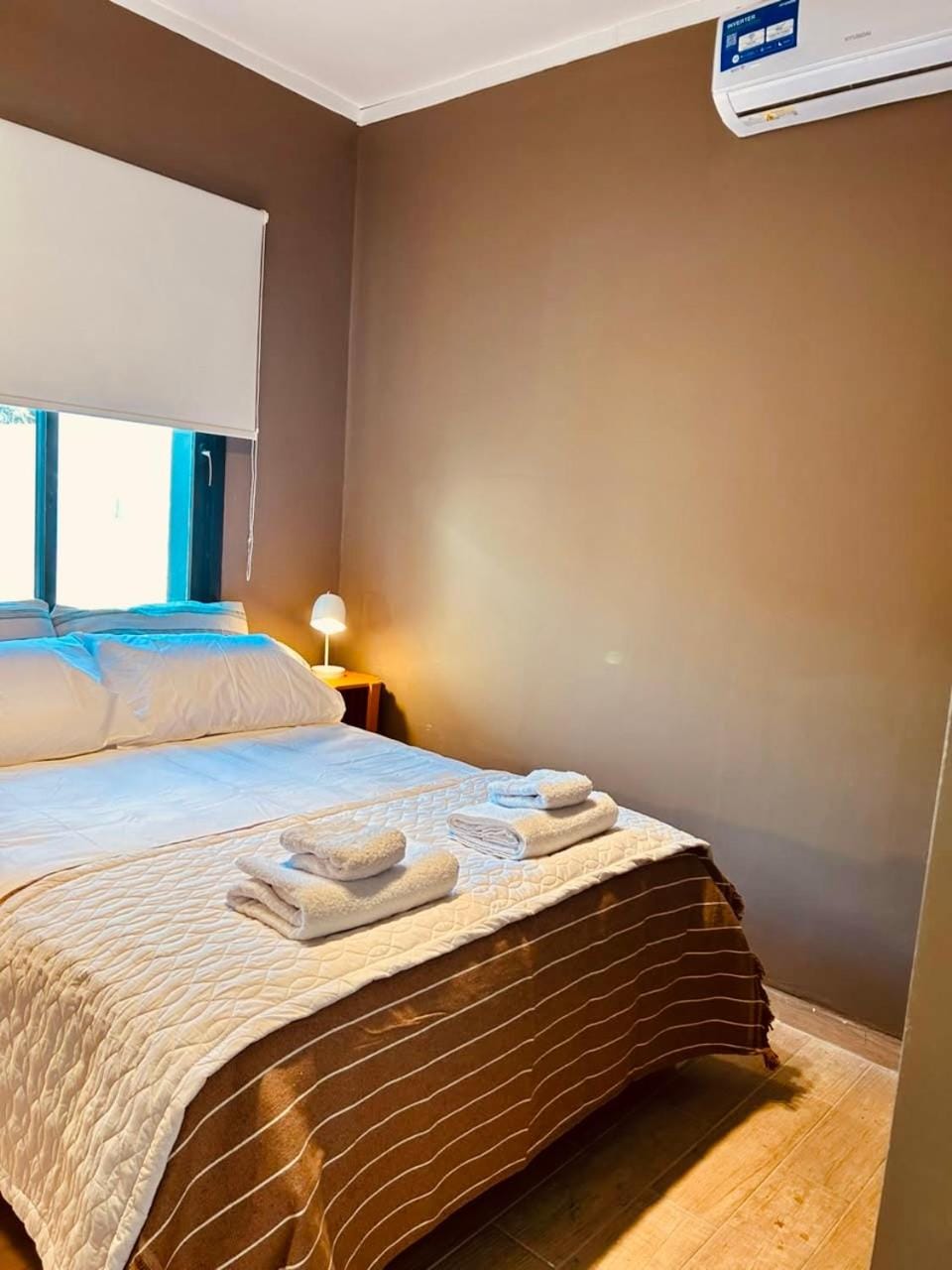 Bed, Photo of the whole room, Bedroom, towels, air conditioner
