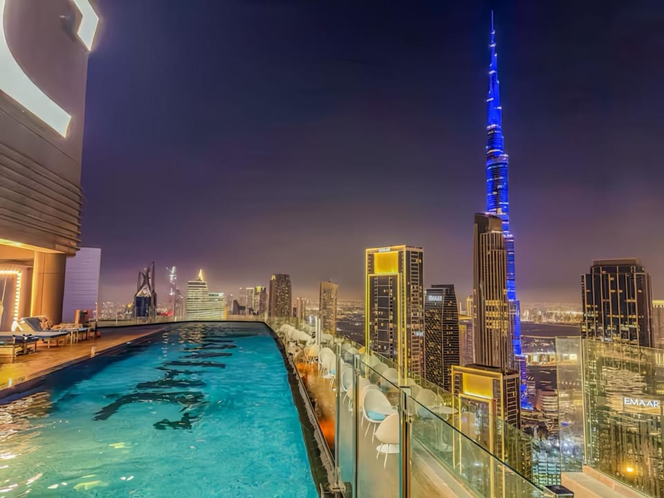Night, City view, Pool view, Swimming pool