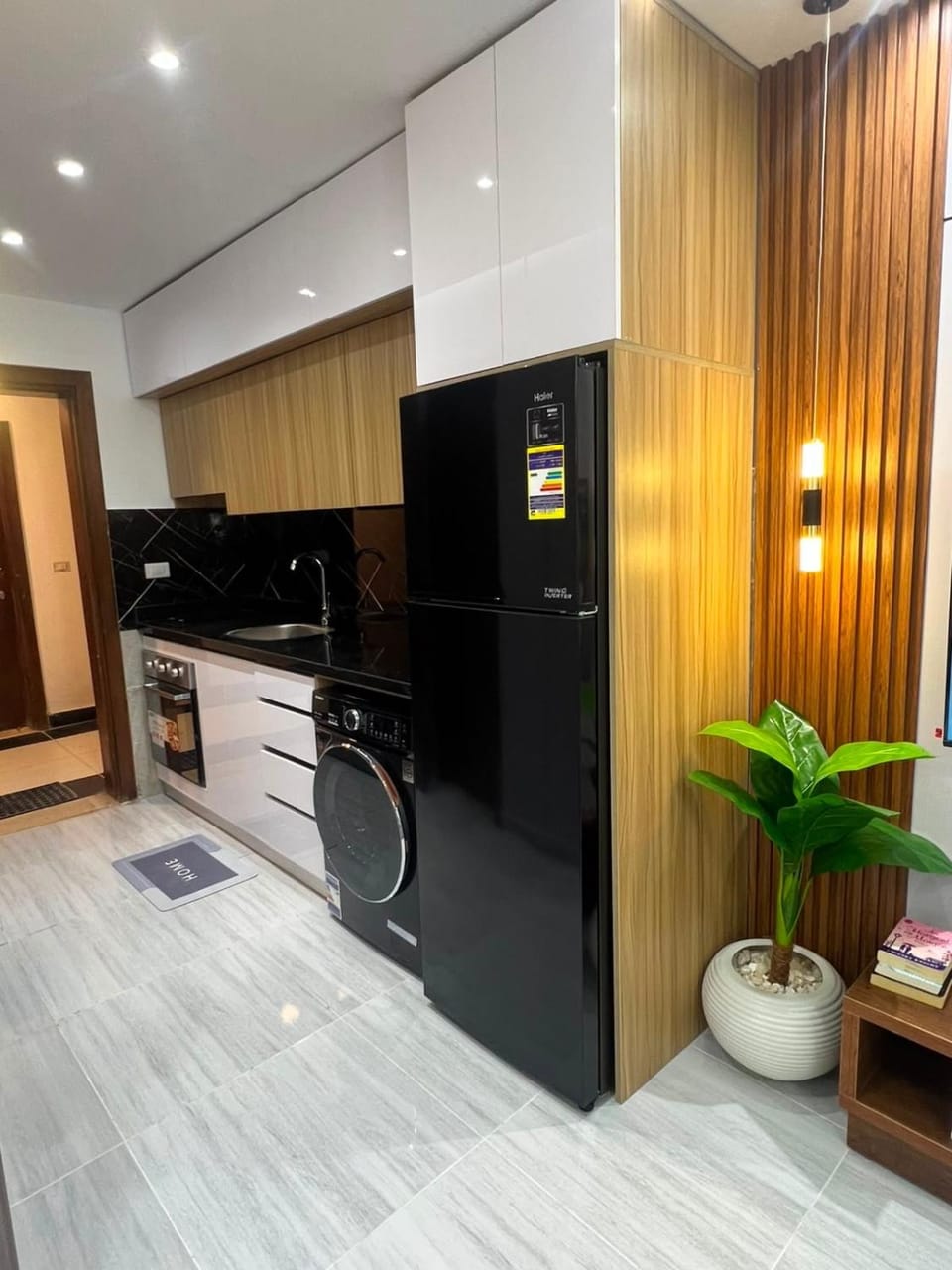 Kitchen or kitchenette, oven, stove, washing machine