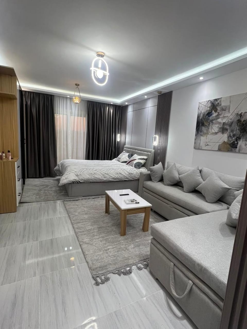 Bed, Living room, Seating area
