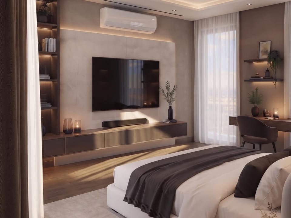 Bed, TV and multimedia, Living room, Photo of the whole room, Seating area, Bedroom, air conditioner