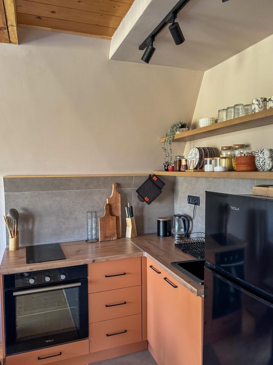 Kitchen or kitchenette, stove