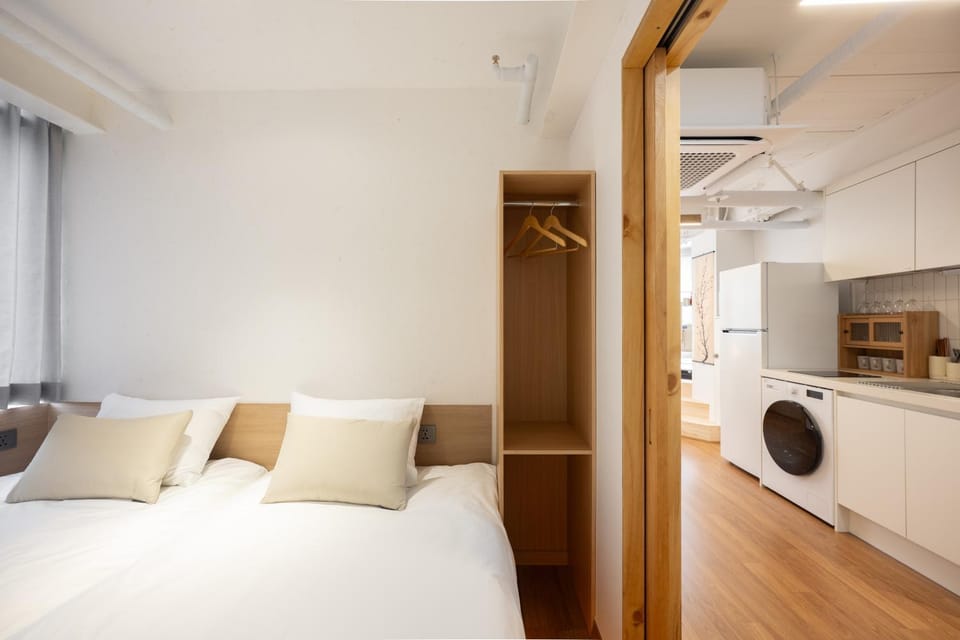 Bed, wardrobe