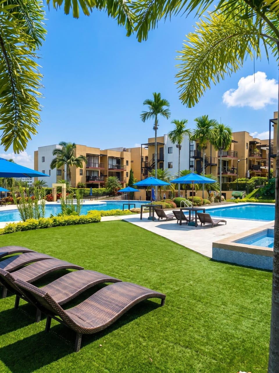 Property building, Spring, Natural landscape, Garden, Pool view, Swimming pool, sunbed