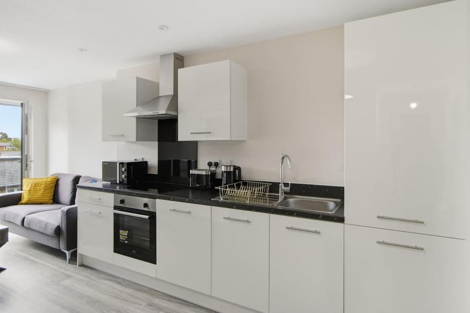 Kitchen or kitchenette, Living room, dishwasher, oven, stove