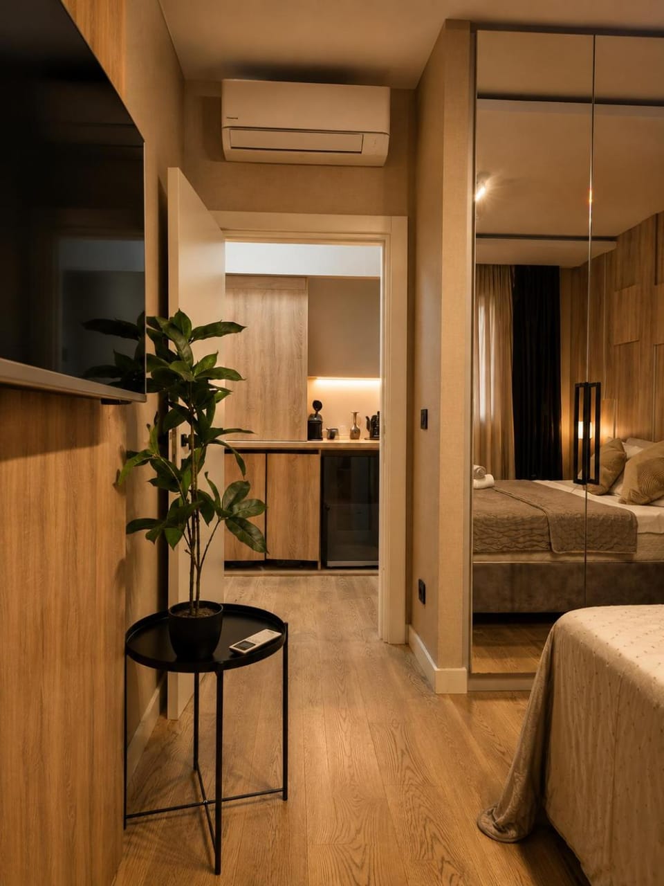 Bed, TV and multimedia, Kitchen or kitchenette, Living room, Photo of the whole room, Seating area, Bedroom, air conditioner