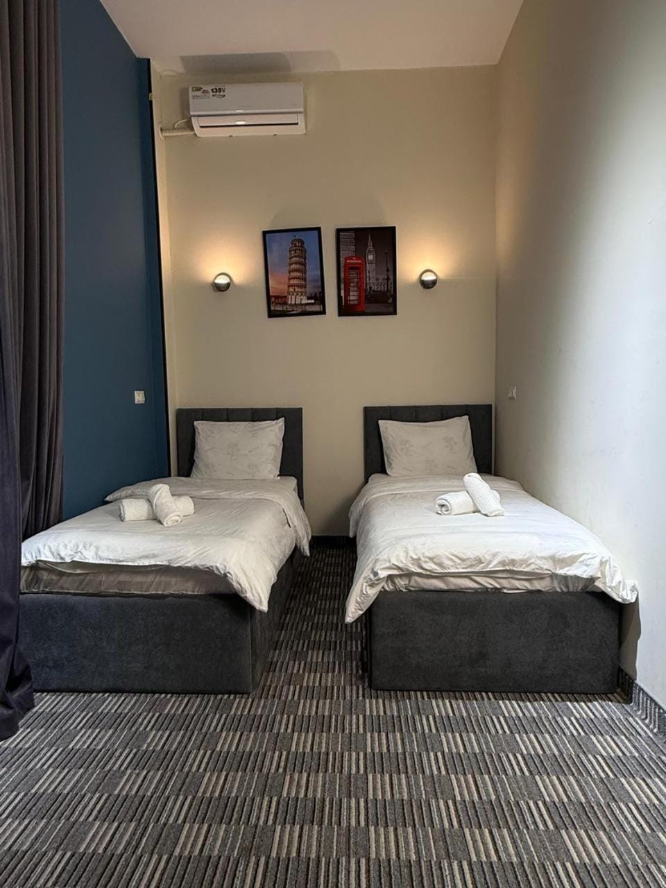 Bed, Photo of the whole room, Bedroom, towels, air conditioner