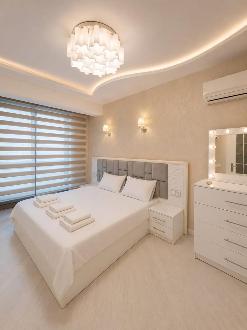 Bed, Bedroom, towels, wardrobe, air conditioner