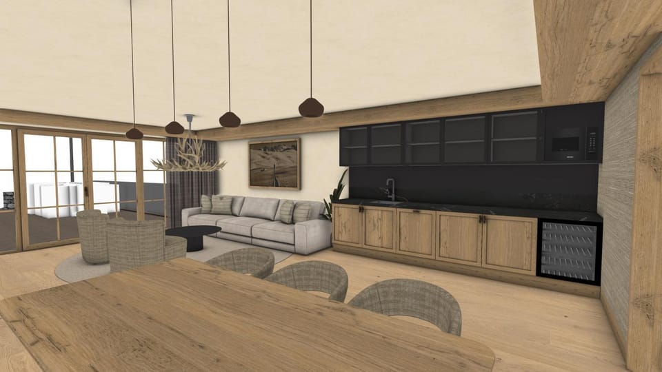 Kitchen or kitchenette, Living room, Seating area, stove