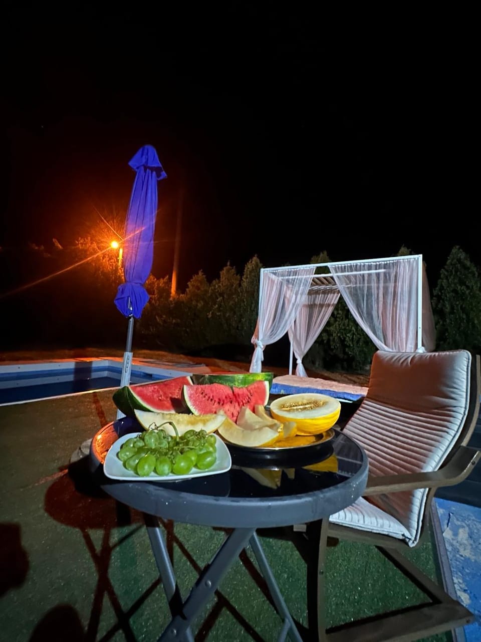 Patio, Night, Food and drinks, Food, Pool view, Swimming pool, sunbed