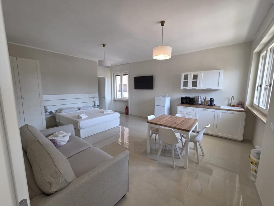 Bed, TV and multimedia, Kitchen or kitchenette, Living room, Photo of the whole room, Dining area