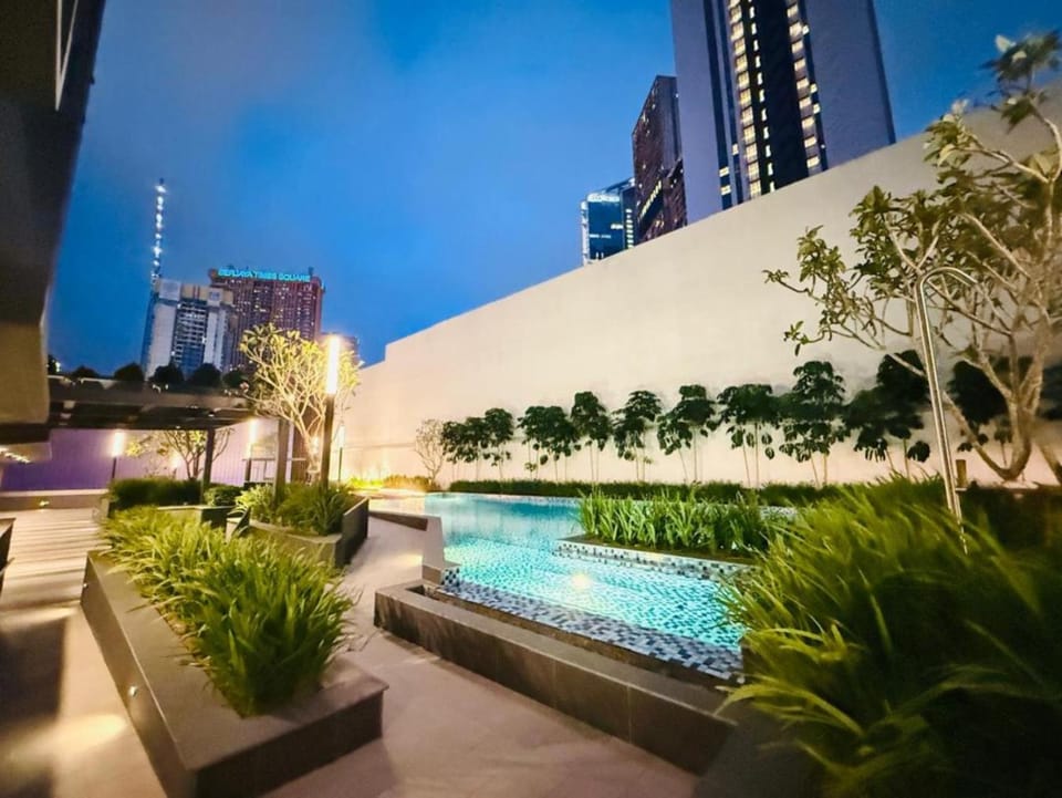 Night, Garden, Pool view, Swimming pool