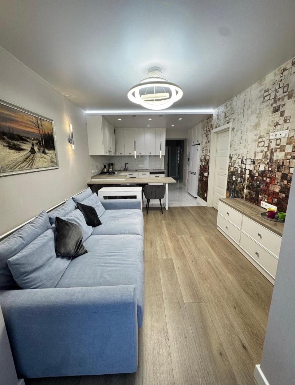 Kitchen or kitchenette, Living room, Photo of the whole room, Seating area, stove