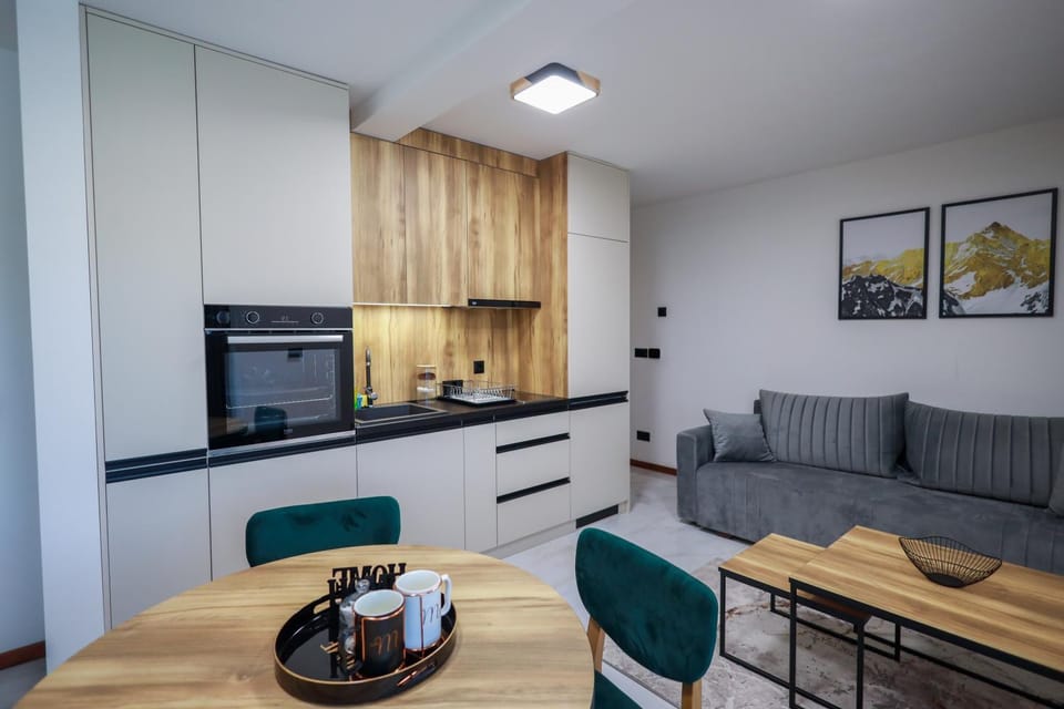 Kitchen or kitchenette, Living room, Seating area, Dining area, stove