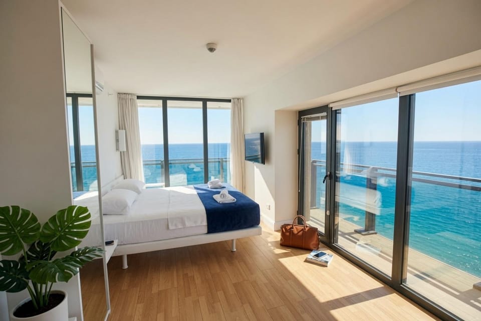 Bed, Natural landscape, View (from property/room), Balcony/Terrace, Photo of the whole room, Bedroom, Pool view, Sea view, Swimming pool, sunbed, towels