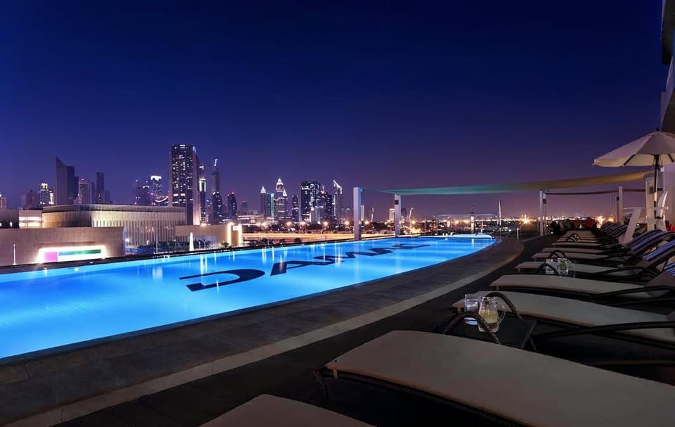 Night, City view, Pool view, sunbed