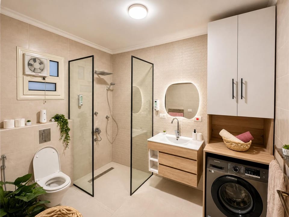 Shower, Toilet, Bathroom, towels, washing machine