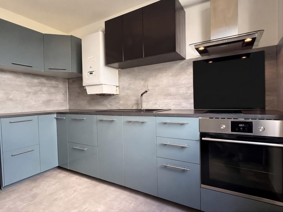 Kitchen or kitchenette, dishwasher, oven, stove