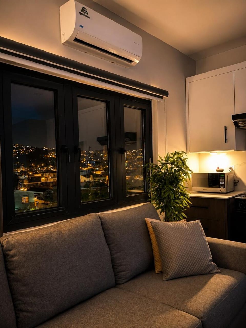 Night, Living room, Seating area, air conditioner