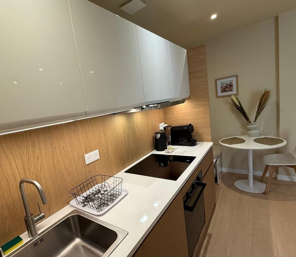 Kitchen or kitchenette, stove
