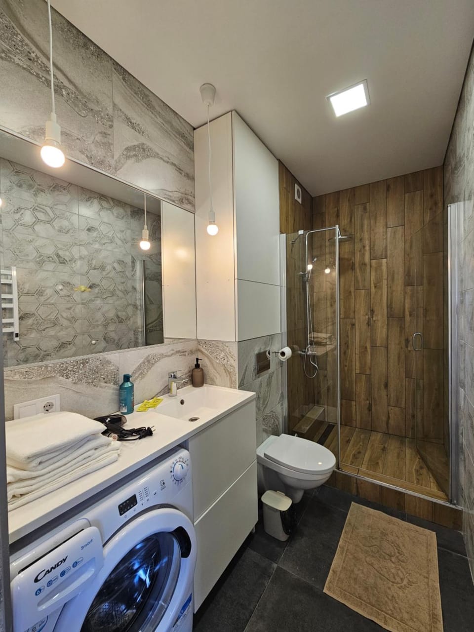 Shower, Toilet, towels, washing machine