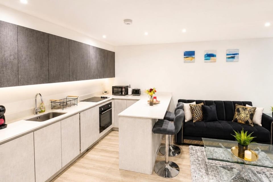 Kitchen or kitchenette, Living room, Seating area, stove