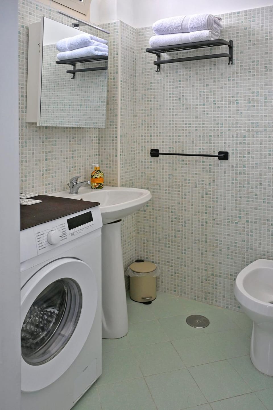 Bathroom, bidet, towels, washing machine