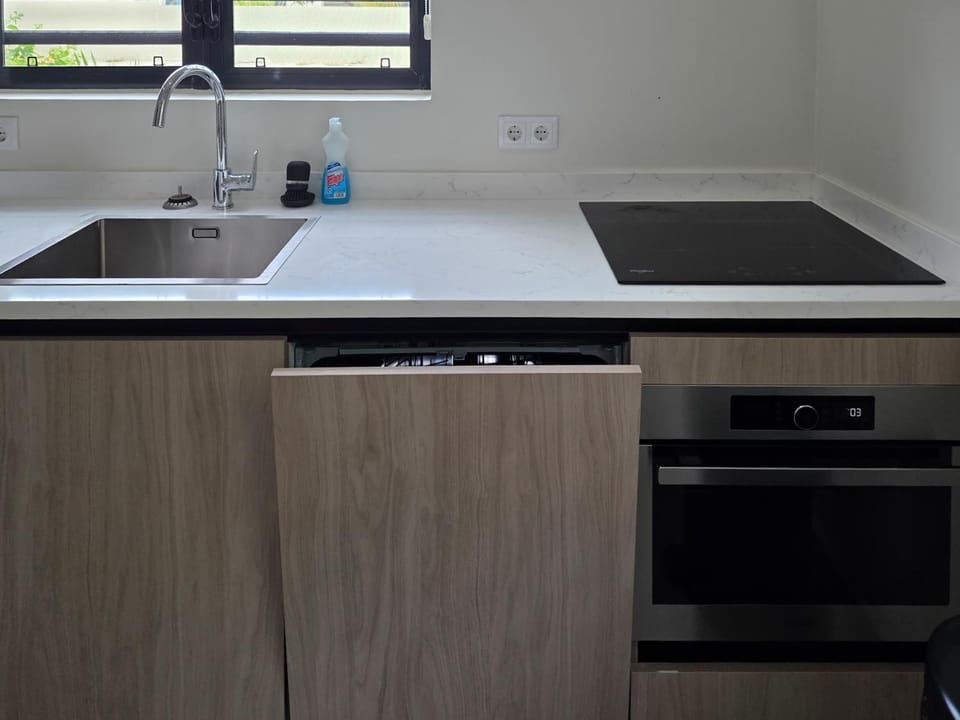 Kitchen or kitchenette, dishwasher, oven, stove