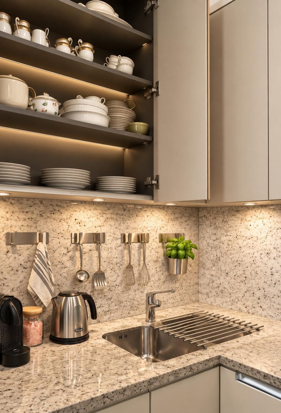 Kitchen or kitchenette, stove