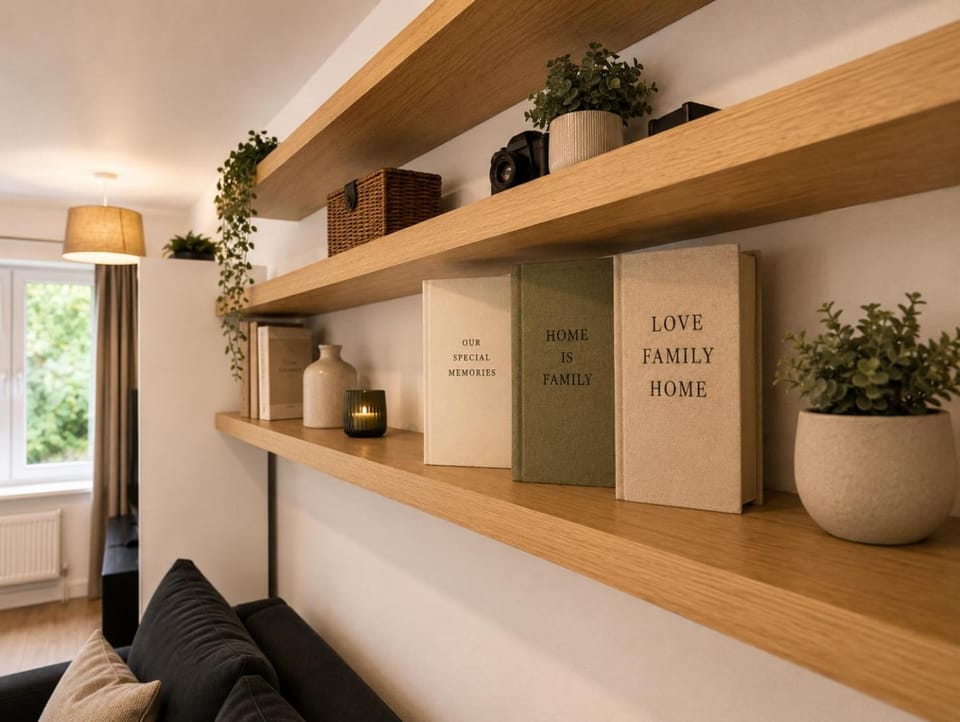 Library, Living room, Text overlay