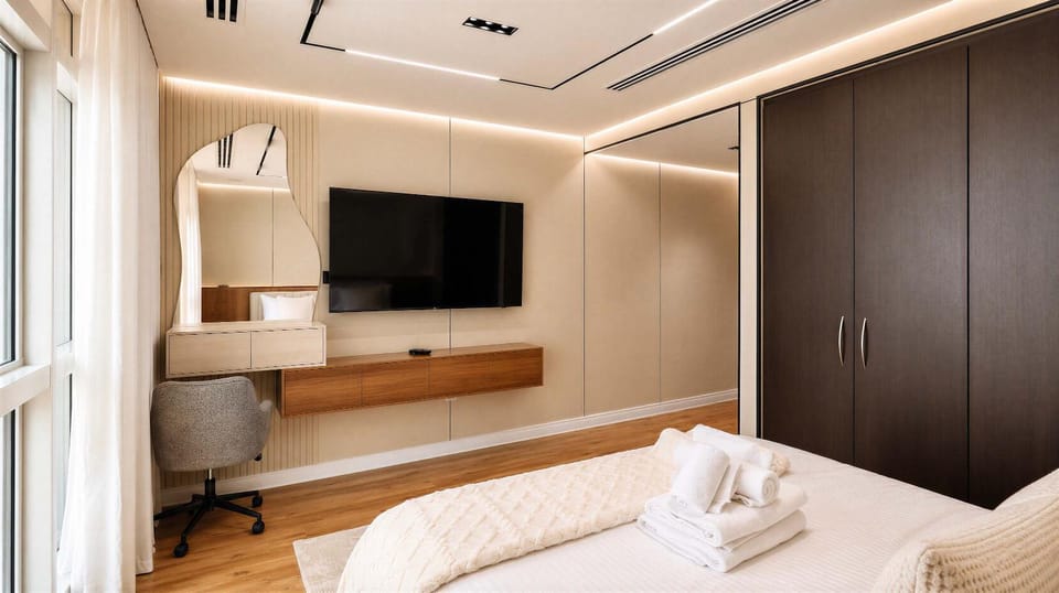 Bed, TV and multimedia, Evening entertainment, Bedroom, towels, wardrobe
