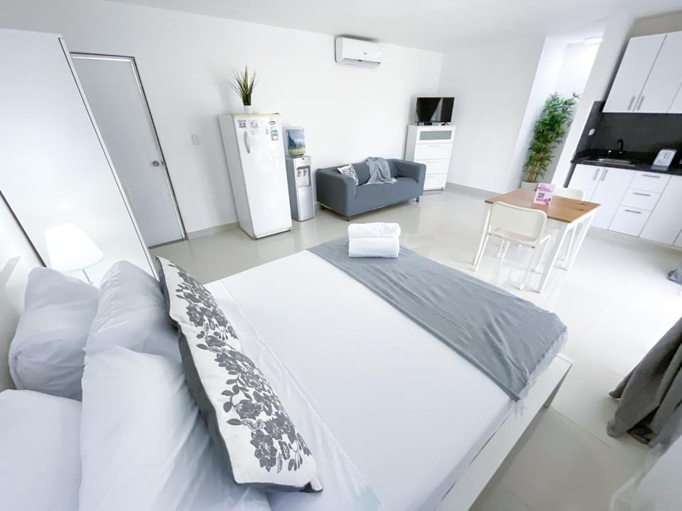 Bed, TV and multimedia, Kitchen or kitchenette, Living room, Photo of the whole room, Seating area, Dining area, Bedroom, air conditioner