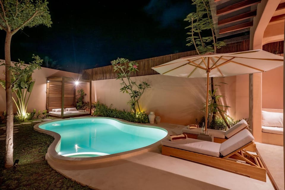Property building, Patio, Night, Garden view, Pool view, Swimming pool