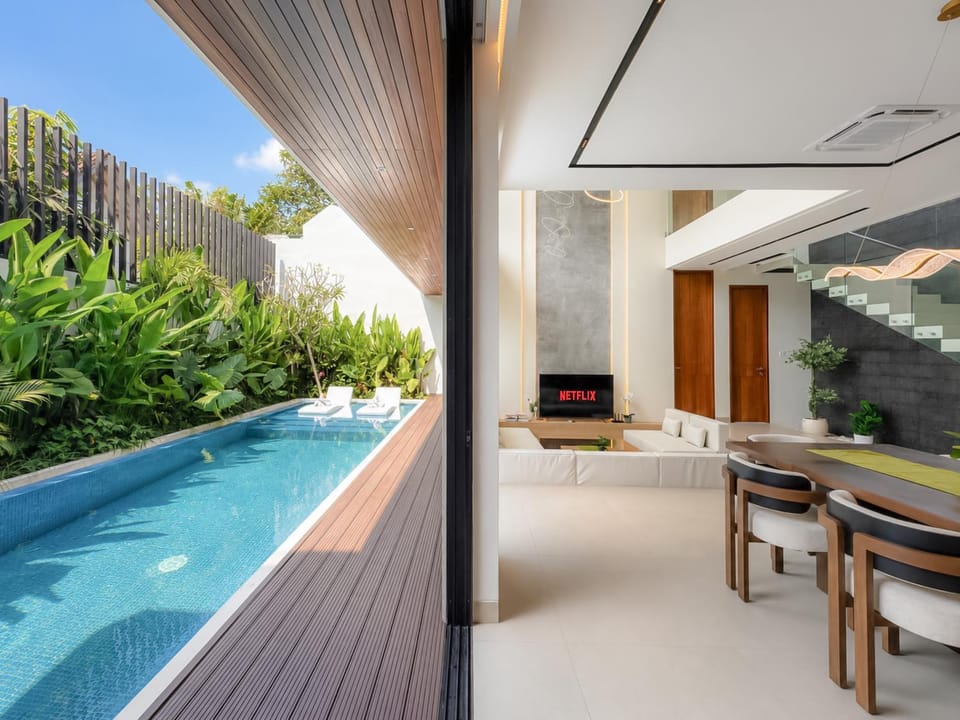 Natural landscape, Living room, Seating area, Pool view, Swimming pool, sunbed