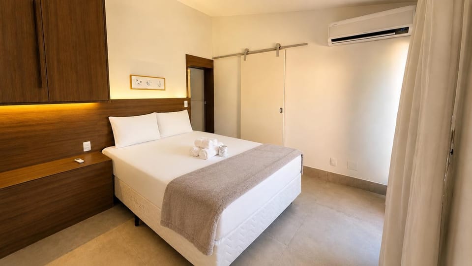 Bed, Bedroom, towels, wardrobe, air conditioner