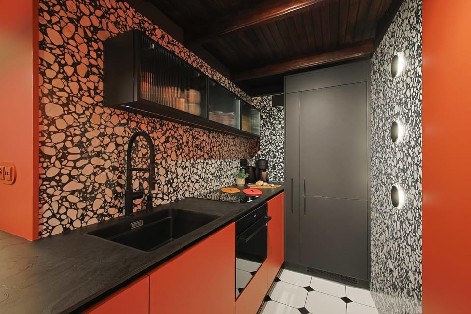 Kitchen or kitchenette, stove