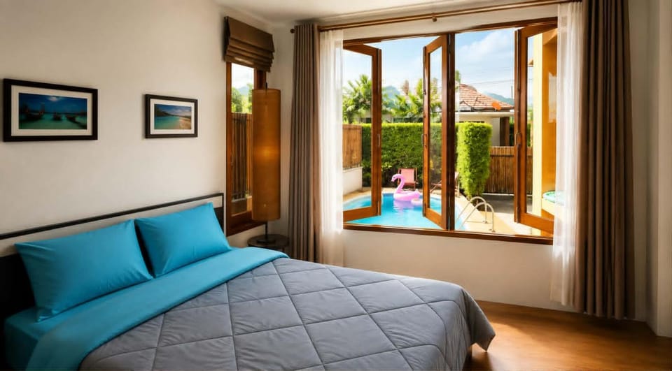 Bed, Natural landscape, Photo of the whole room, Bedroom, Swimming pool