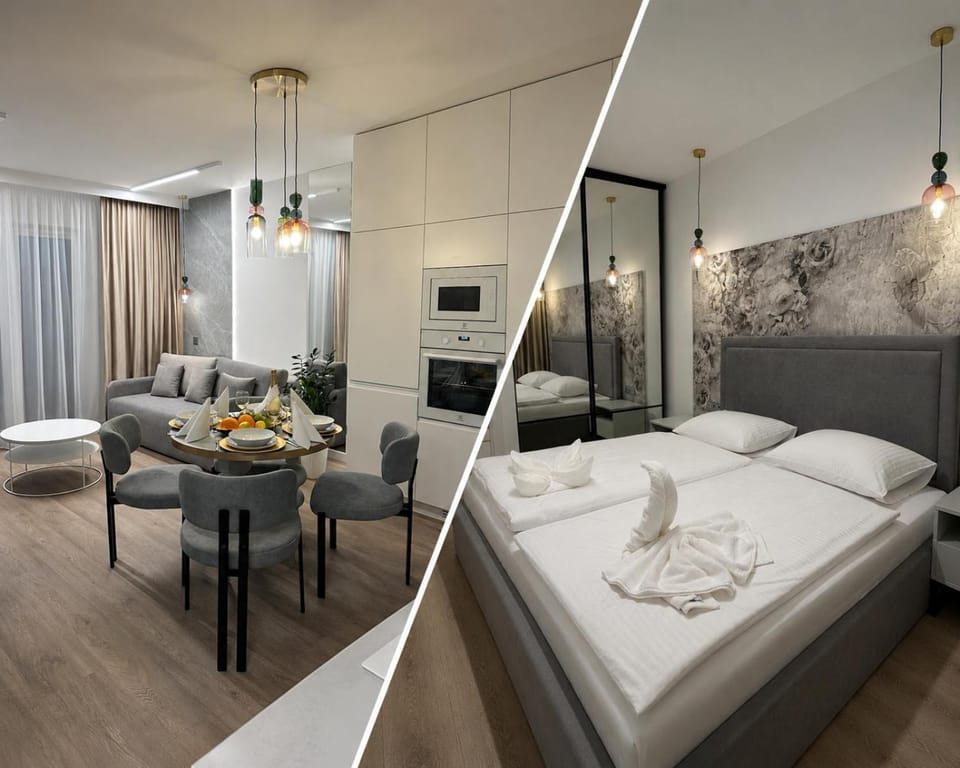 Bed, TV and multimedia, Kitchen or kitchenette, Living room, Photo of the whole room, Seating area, Bedroom, towels