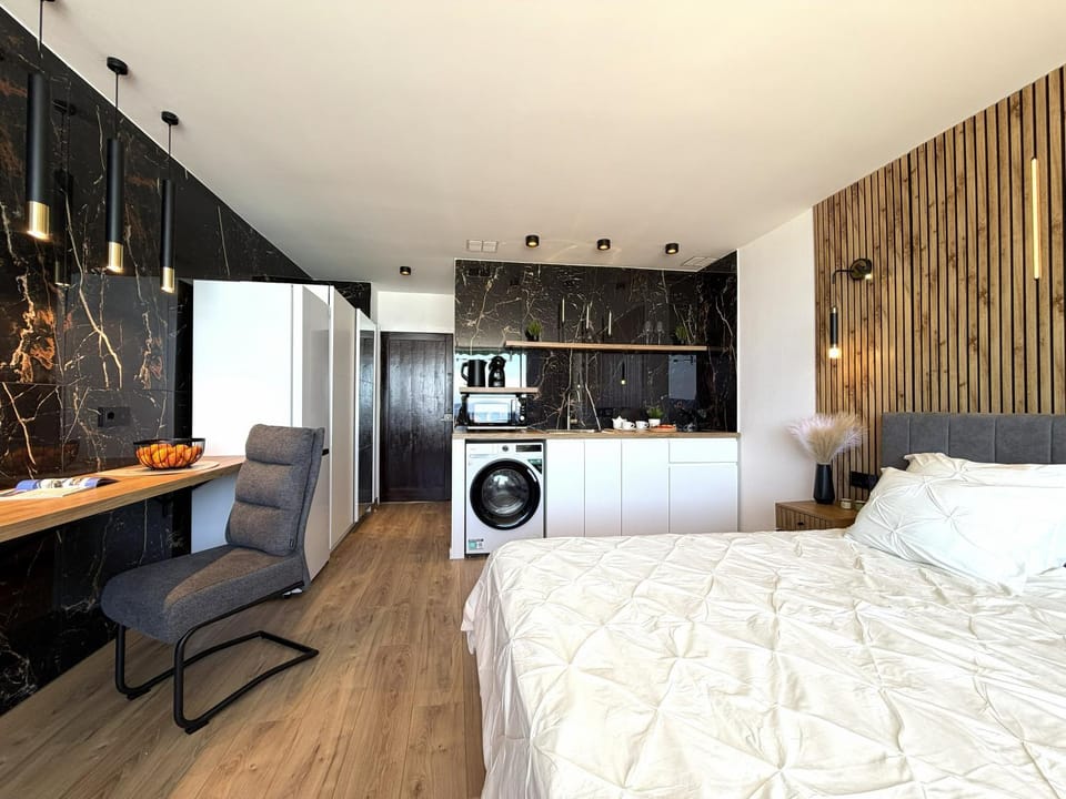 Bed, Kitchen or kitchenette, Photo of the whole room, Bedroom, wardrobe, washing machine