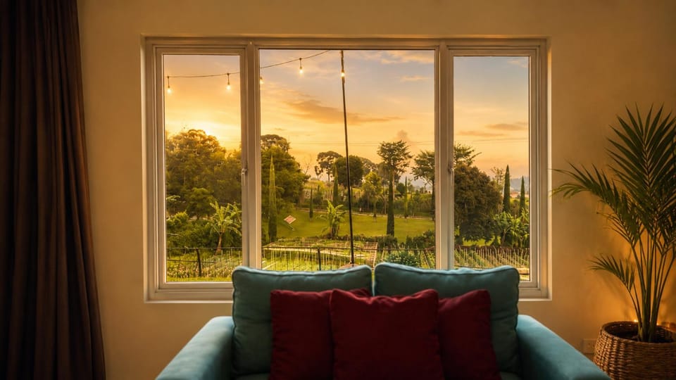 Natural landscape, Garden, Seating area, Garden view, Sunset